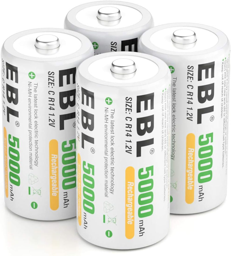 EBL Baby C Akku 5000mAh - NI-MH wiederaufladbare Batterie 4er Pack mit Aufbewahrungsbox, 1,2V Typ C