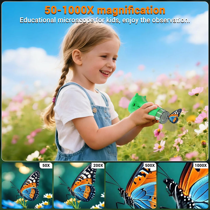 Mikroskop für Kinder, 1000X Tragbares Handmikroskop mit 2.4'' Bildschirm, Digitales Tragbares Tasche