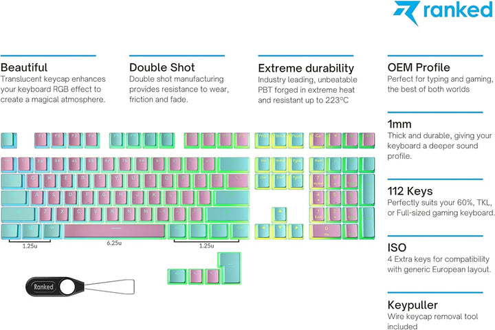 Ranked Pudding PBT-Tastenkappen | 112 Double Shot Transluzent ANSI US- und ISO-Layout | OEM-Profil f