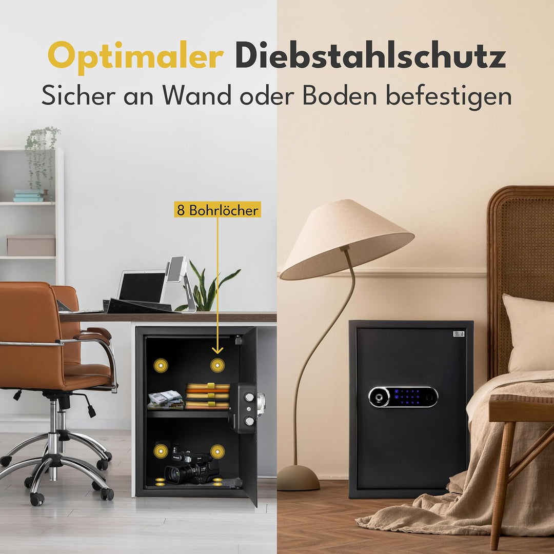 LEBENLANG 43L Safe Tresor für Zuhause - Mit Fingerabdrucksensor & Feuerfester Dokumententasche I Sch