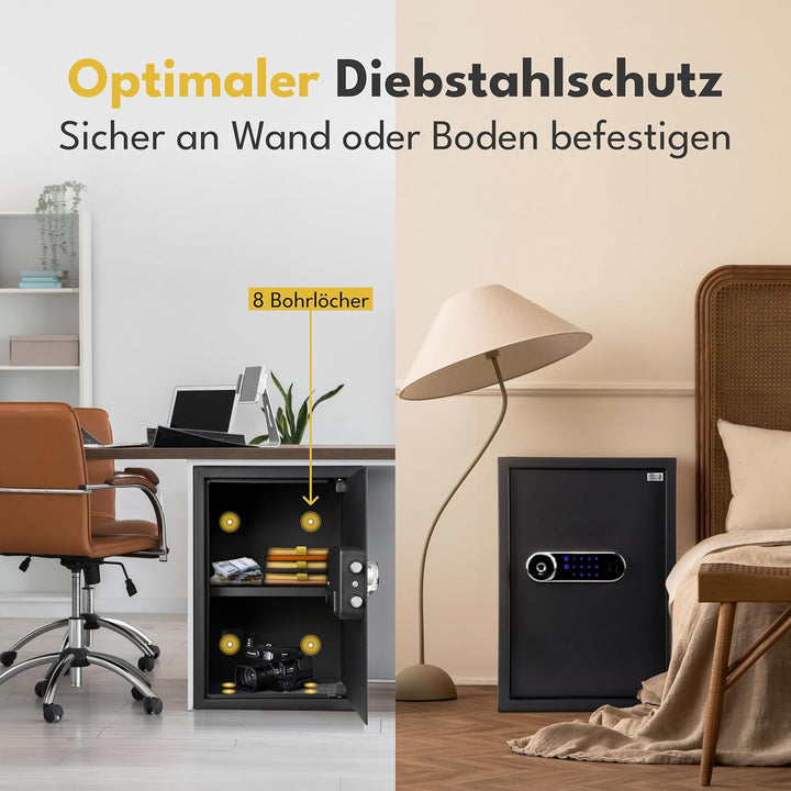 LEBENLANG 43L Safe Tresor für Zuhause - Mit Fingerabdrucksensor & Feuerfester Dokumententasche I Sch
