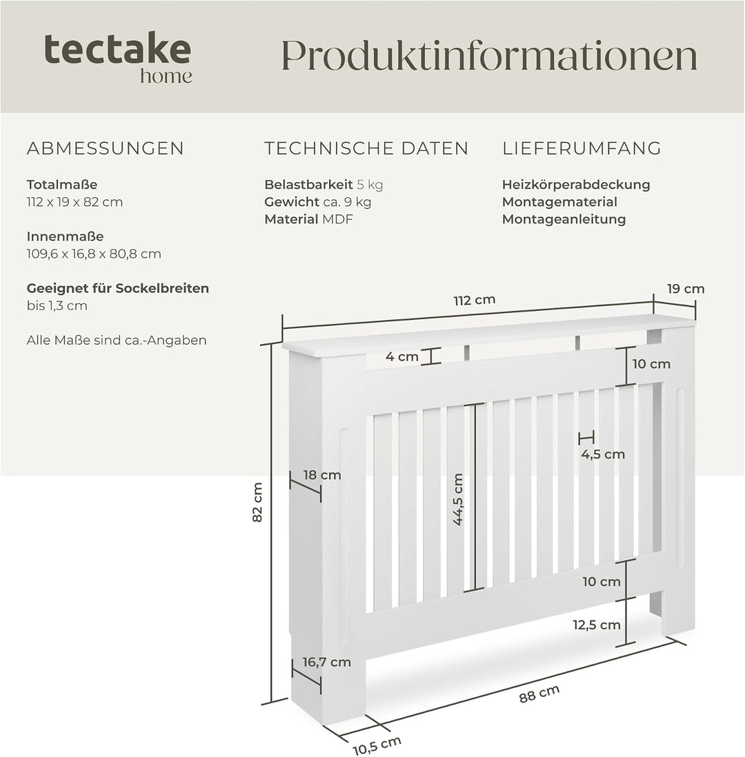 tectake® Heizkörperverkleidung, Holzverkleidung MDF, Heizungsverkleidung weiss mit Lamellen, Heizkör