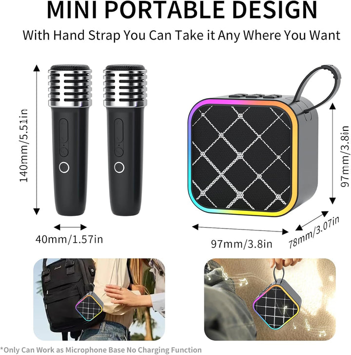 Mini Karaoke-Maschine 2 kabellose Mikrofone, tragbare Bluetooth Karaoke-Lautsprecher mit Tragegriff