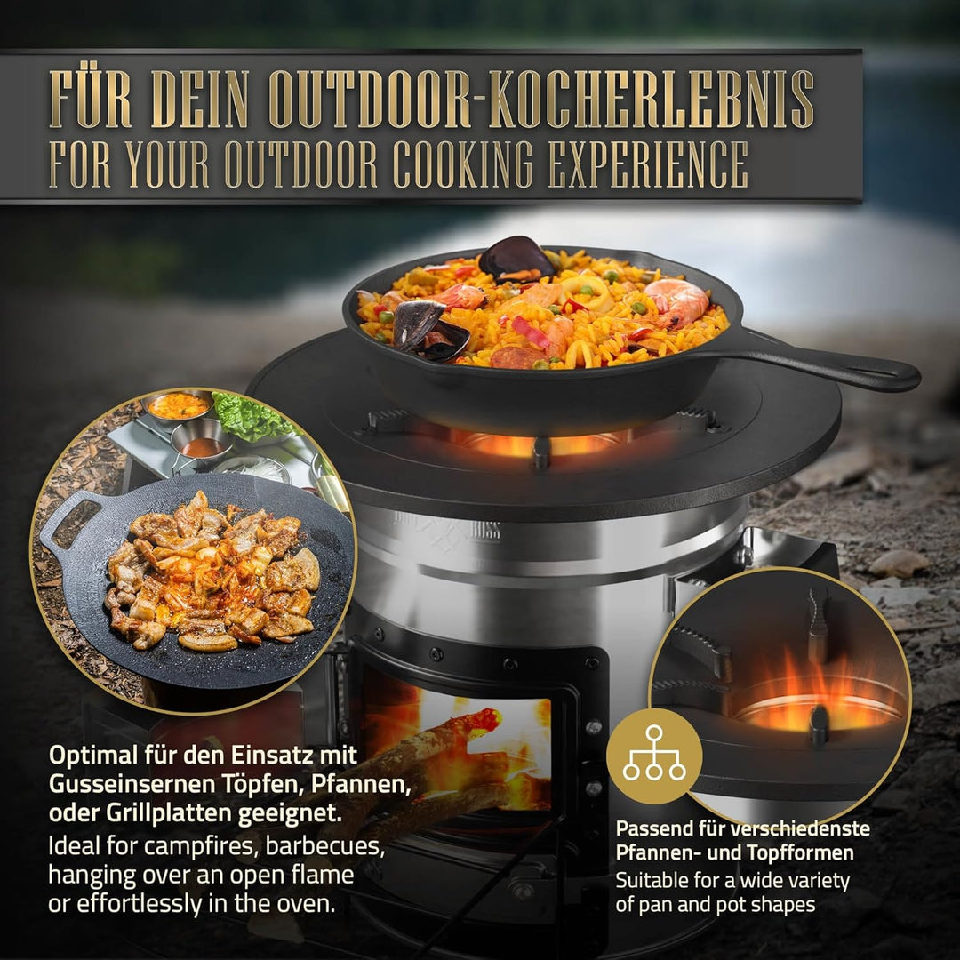 BBQ#BOSS Raketenofen mit Grillpfanne, Tragetasche und Power Ring, Silber, Campingkocher Holz mit Bre