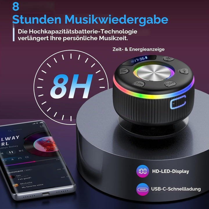 Bluetooth Lautsprecher Dusche, musikbox Bluetooth mit HD Mic, RGB Lichtshow, Zeitangabe, Mini Duschl