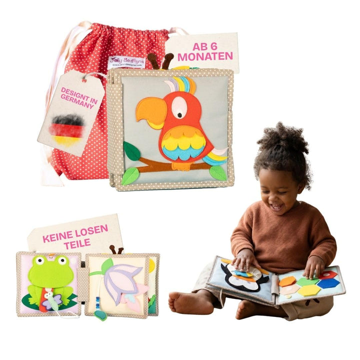 Jolly Designs – Mini Quiet Book Schillernder Papagei – Montessori Spielzeug ab 6 Monaten – Motorik &