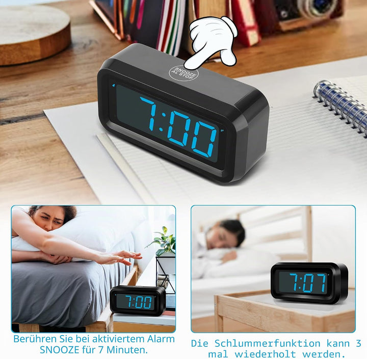 KWANWA Digitaler Wecker, LED Uhr Batteriebetrieben Tischuhr mit 3 Einstellbarer Helligkeit/Snooze/Oh
