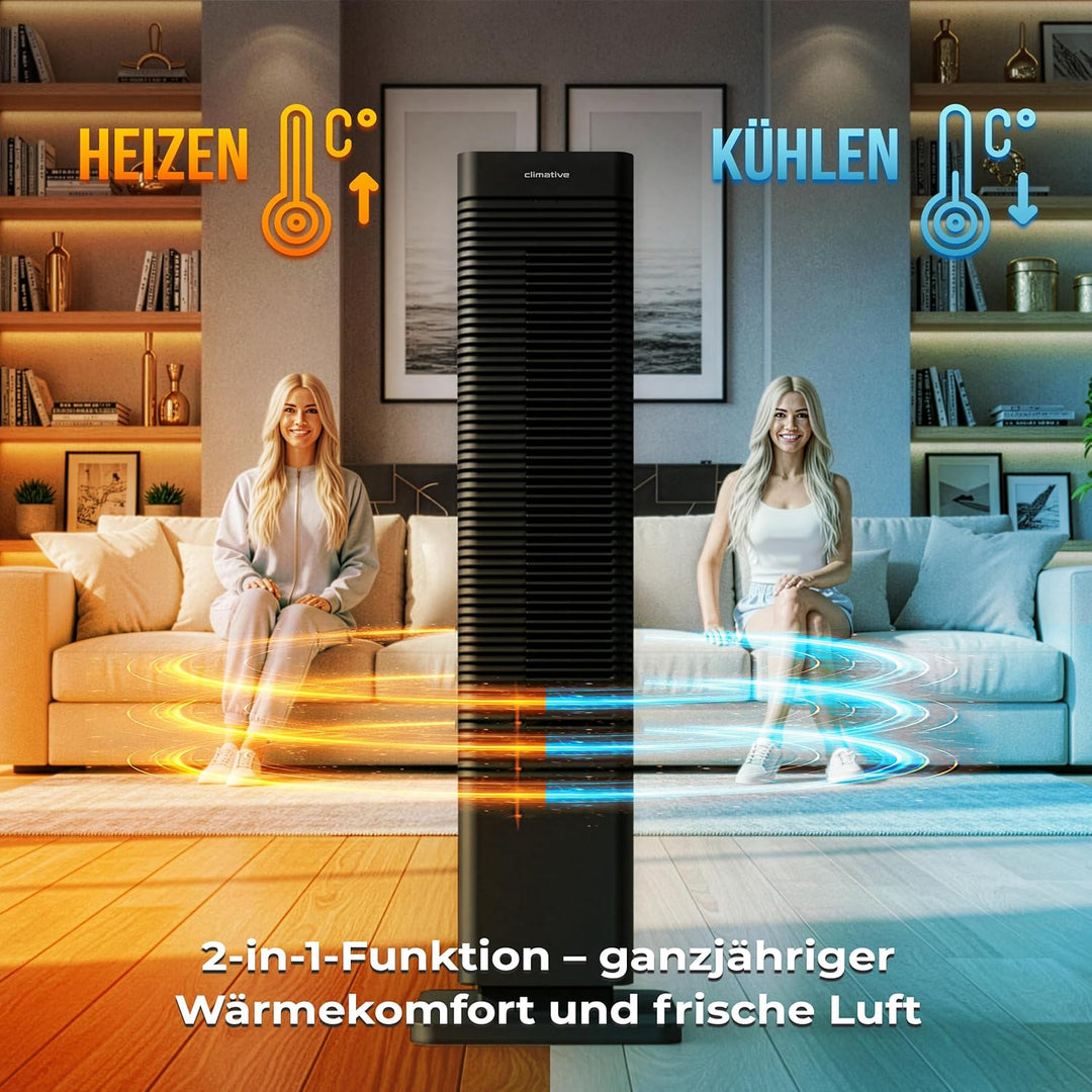 CoolHeat Keramik-PTC Heizlüfter 2000W WiFi 2-in-1 – Heizungslüfter & Turmventilator, 80° Oszillation