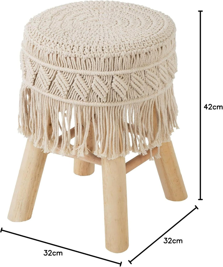 Hocker - Makramee und Holz - Beige - Atmosphera créateur d'intérieur cm Beige, cm Beige