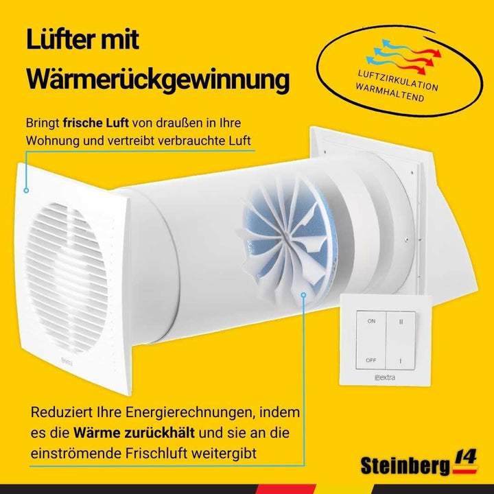 Steinberg14 Weiss 150mm Dezentrale Lüftung mit Wärmerückgewinnung - Rekuperator mit Schalter - Wandl