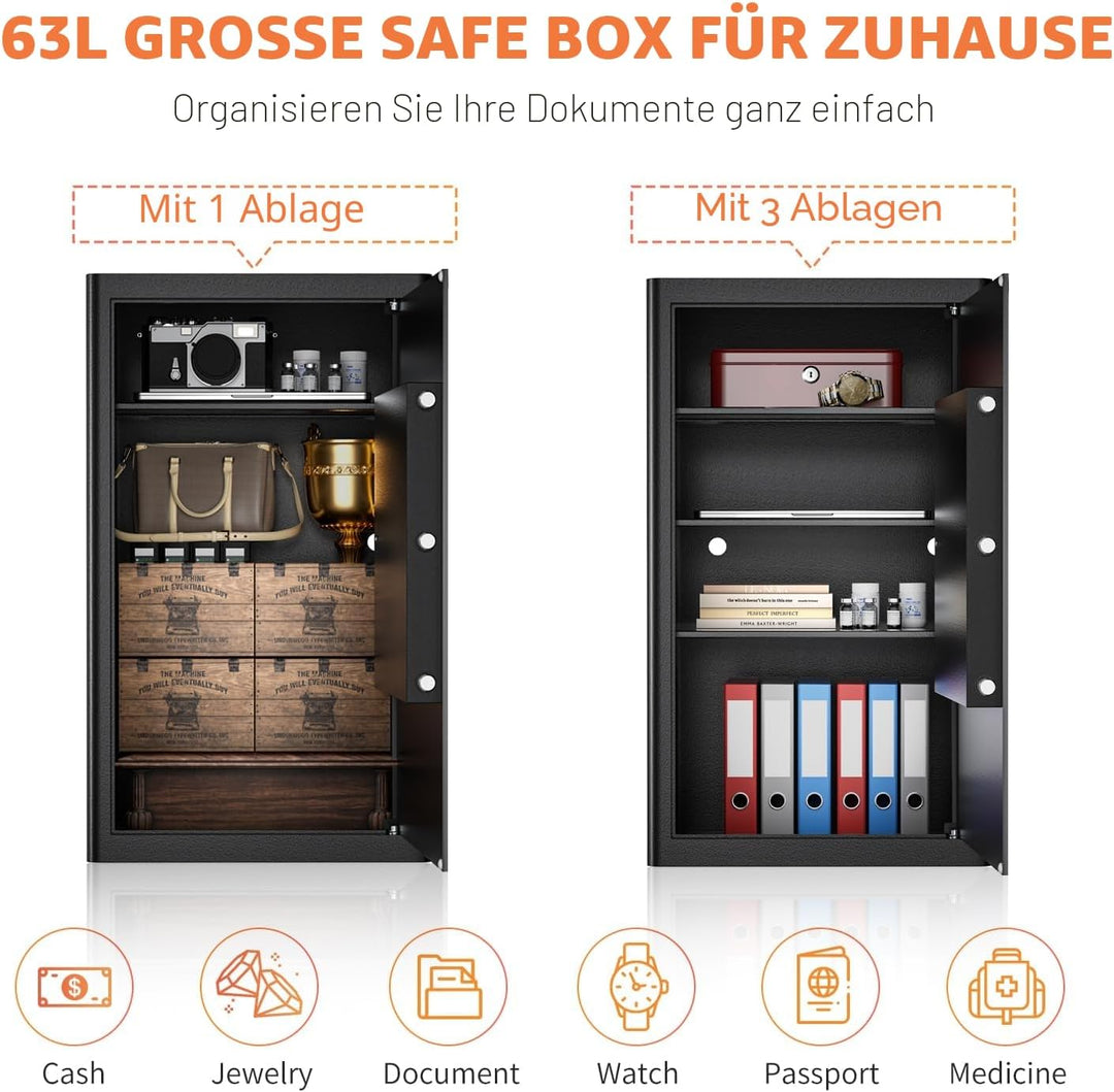 Safe Tresor mit Schlüssel, WASJOYE Möbeltresor mit Schlüssel-Schloss für Zuhause/Büro, 60L Gross Wan