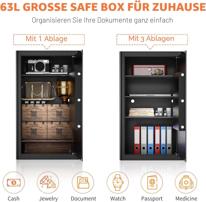Safe Tresor mit Schlüssel, WASJOYE Möbeltresor mit Schlüssel-Schloss für Zuhause/Büro, 60L Gross Wan