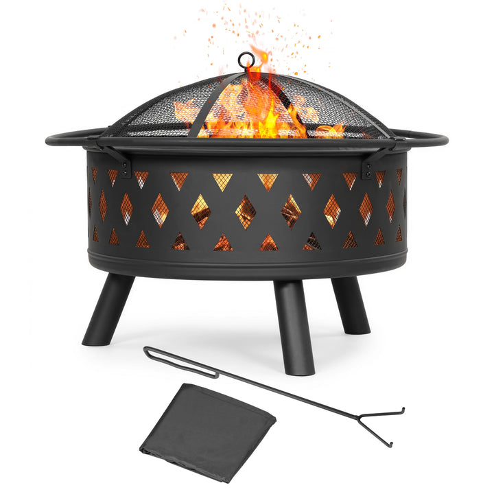 Avestar runde Feuerschale aus Metall mit Abdeckung für Garten, schwarz