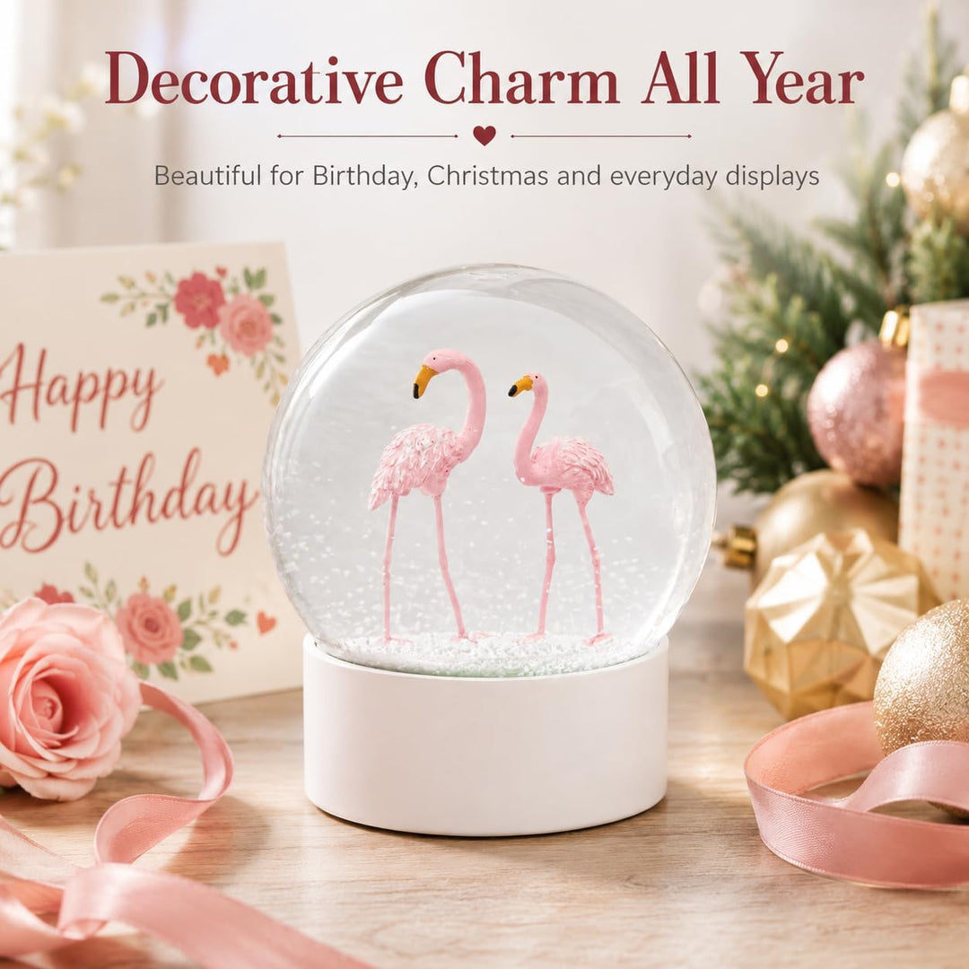 Mingfuxin Flamingo Schneekugel Kristallkugel mit weissem Sockel, weisse Flocken, Glas-Schneekugel Fl