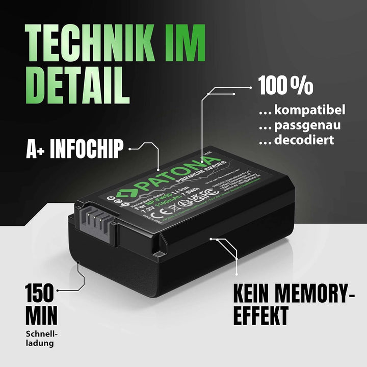 PATONA Premium NP-FW50 2X (1030mAh) - mit USB Dual Ladegerät 1964 - ZV-E10 - DSC RX10 - Alpha 6100 6