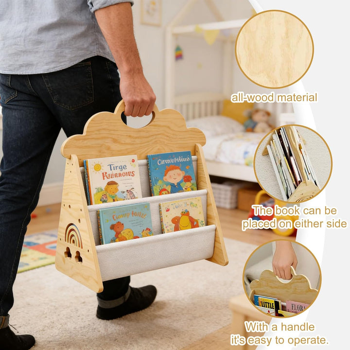 Montessori Kinder Bücherregal Holz, Offenes Frontbücherregal für Kinderzimmer & Leseecke, Tragbare B