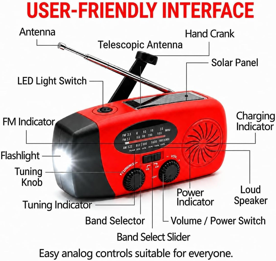 1 Stück Solar Kurbelradio mit 3-LED Taschenlampe | Tragbares 2000mAh NI-MH Notfall Powerbank | IPX3