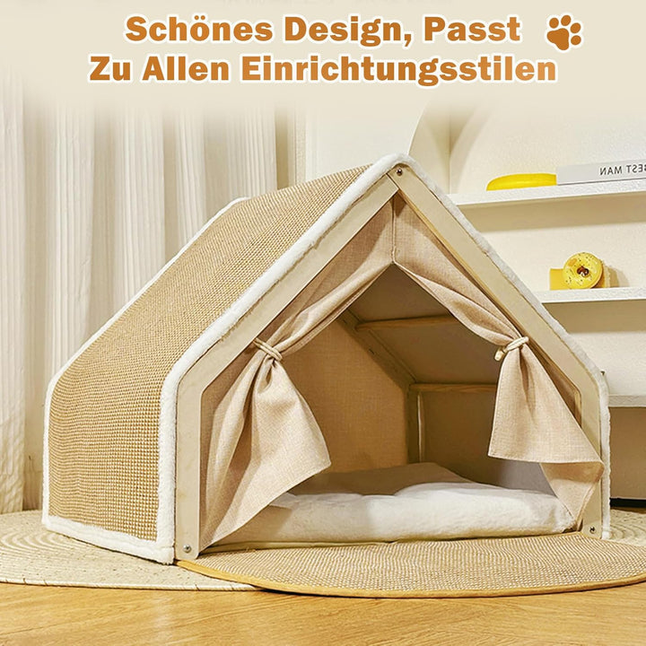 Katzenhaus mit Kratzbrett, 2-in-1Holz Sisal Katzenhaus Kratzbrett, Katzenzelt Gemütliche Indoor Katz