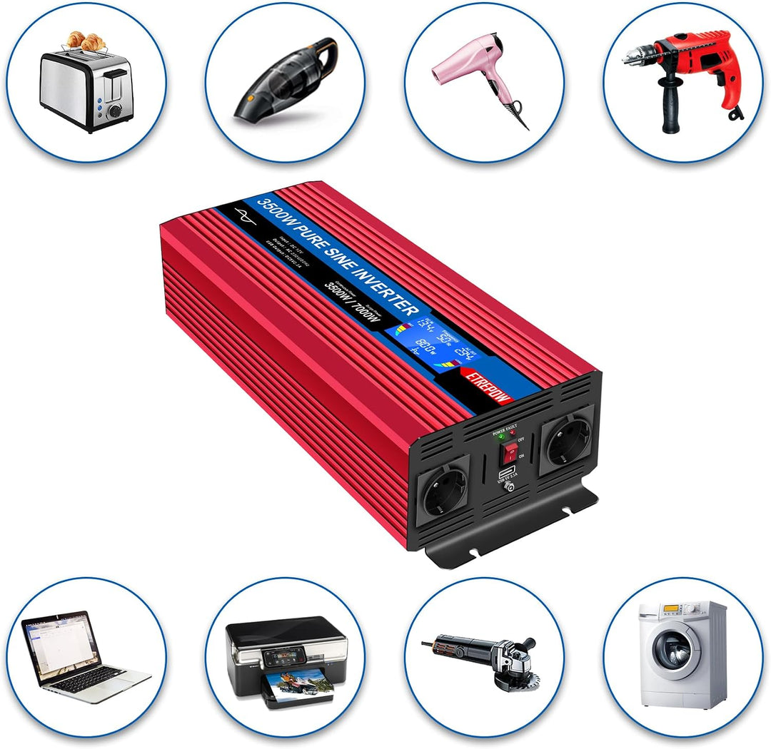 ETREPOW 3500w Spannungswandler 12v Auf 230v Reiner Sinus Wechselrichter mit 2 EU-Steckdose und Einer