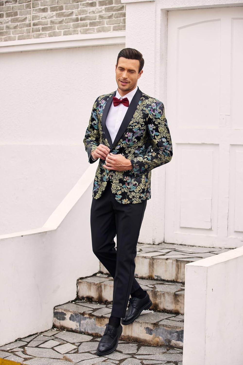 COOFANDY Smokingjacke für Herren, Blumenmuster, luxuriös, Bestickt, Hochzeit, Blazer, Kleid für Part