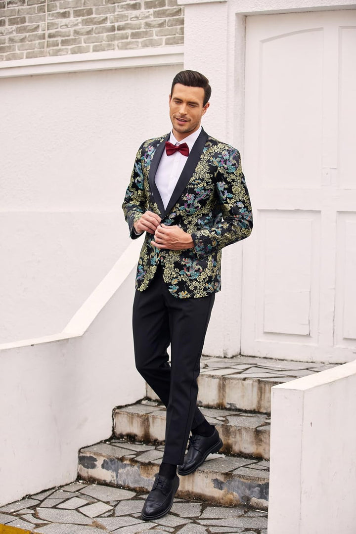 COOFANDY Smokingjacke für Herren, Blumenmuster, luxuriös, Bestickt, Hochzeit, Blazer, Kleid für Part