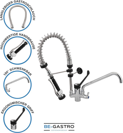 BE-GASTRO® I Profi Gastro Geschirrbrause „Premium“ inkl. Wasserhahn, Mischbatterie & ergonomischem L