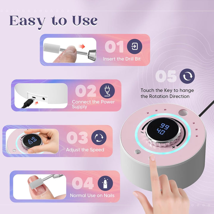 Professionelles Elektrisches Nagelpoliergerät 36000 U/min, 4000mAh kabellos, leise 20dB mit 12 Aufsä