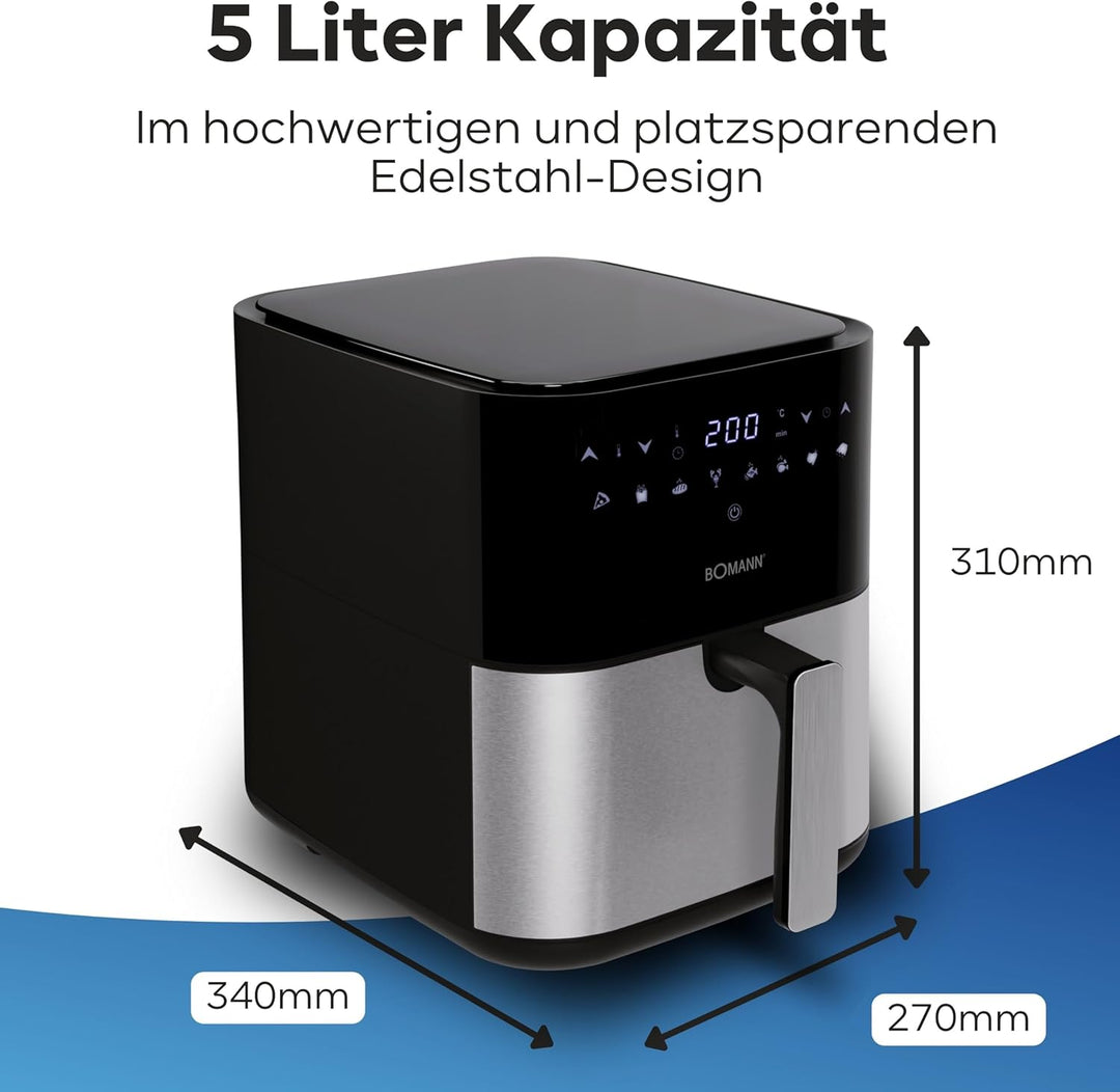 Bomann® Heissluftfritteuse XXL - 5L Fritteuse | Heissluft für fettfreies frittieren | Edelstahl-Airf