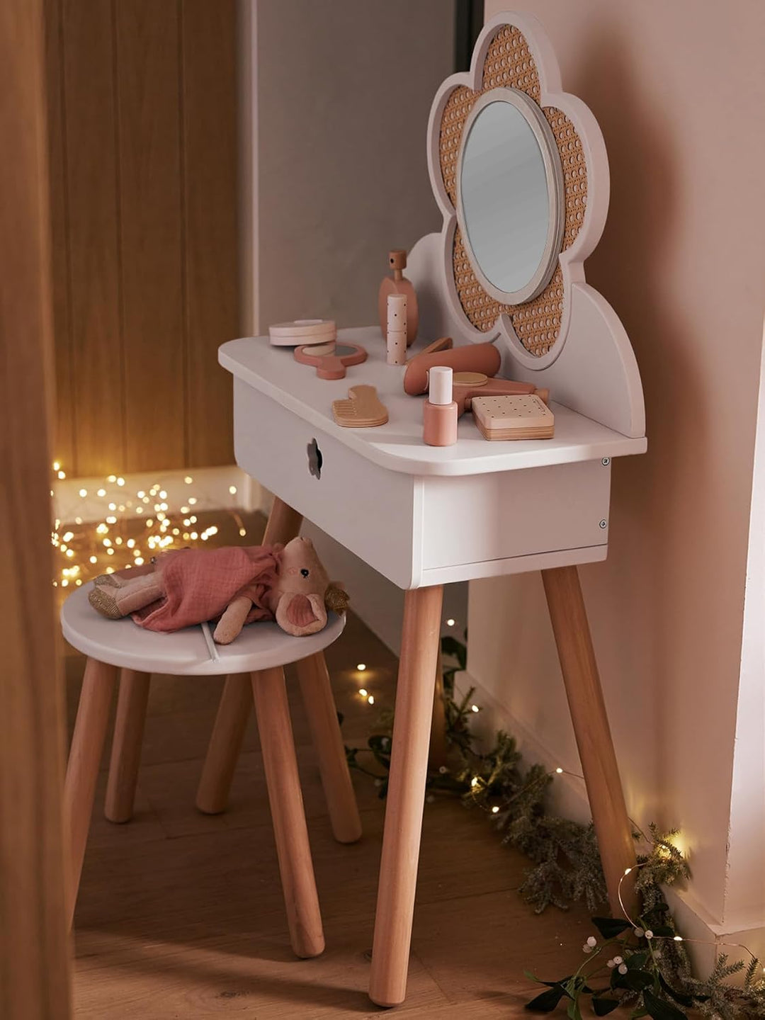 VERTBAUDET Frisiertisch mit Zopfmuster + Zubehör aus Holz, FSC®, weiss, Weiss