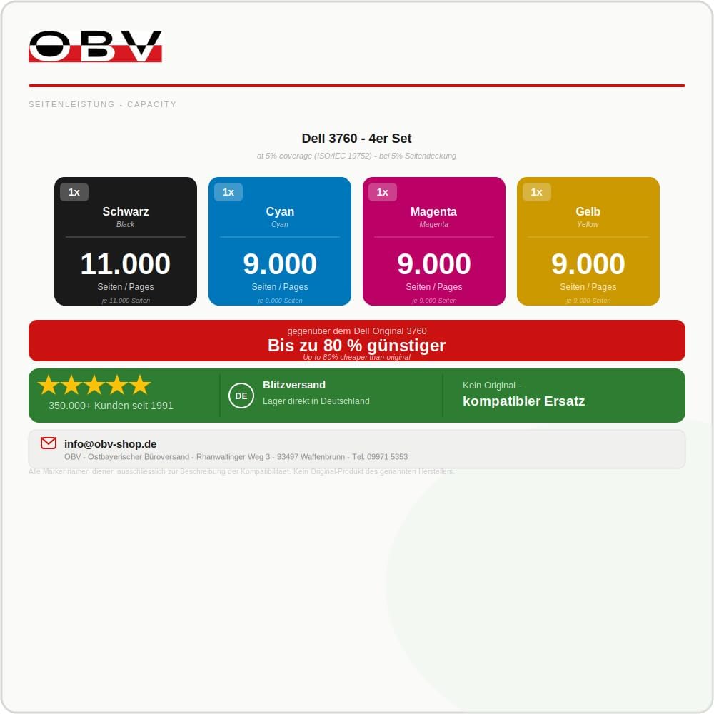 OBV 4X kompatibler Toner für Dell C3760dn C3760n C3765dnf C3760 C3765 Serie schwarz,Cyan,Magenta, ge