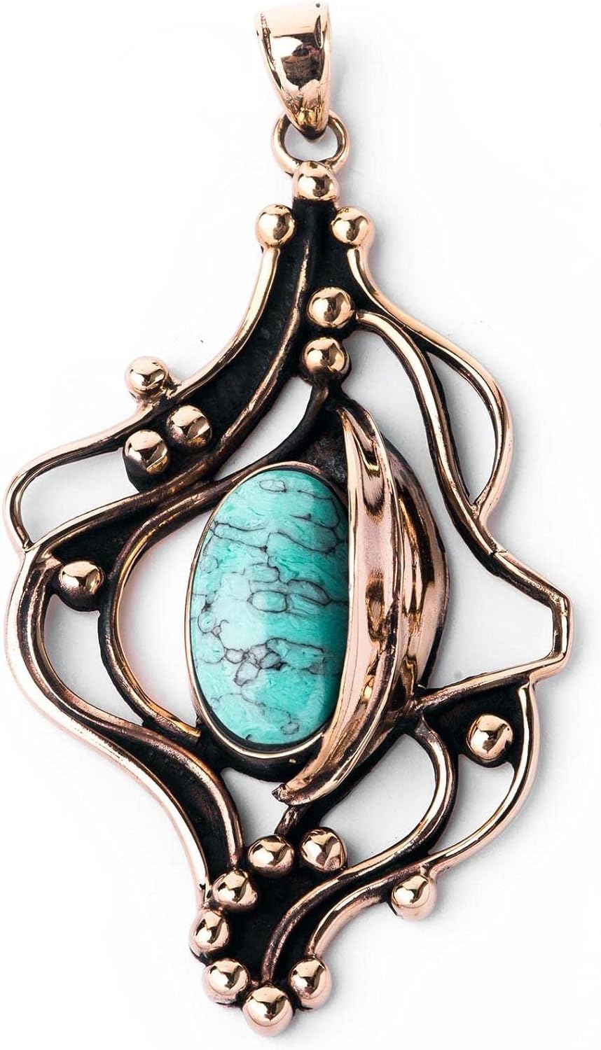 Windalf Grosser Bohemian Schmuck Anhänger ISIRA 6.5 cm Türkis Zauberblatt Bronze