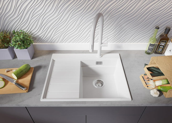 Spülbecken Weiss 62x50 cm, Granitspüle + Ablauf-Set + Küchenarmatur 5000, Küchenspüle für 40er Unter