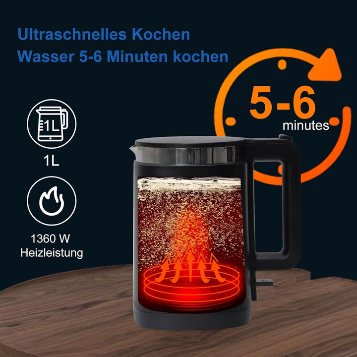 FENGJIE Elektrischer Wasserkocher, 1,0L Edelstahl Teekessel, 1360W BPA Frei Mit Strix Thermostat, Bo