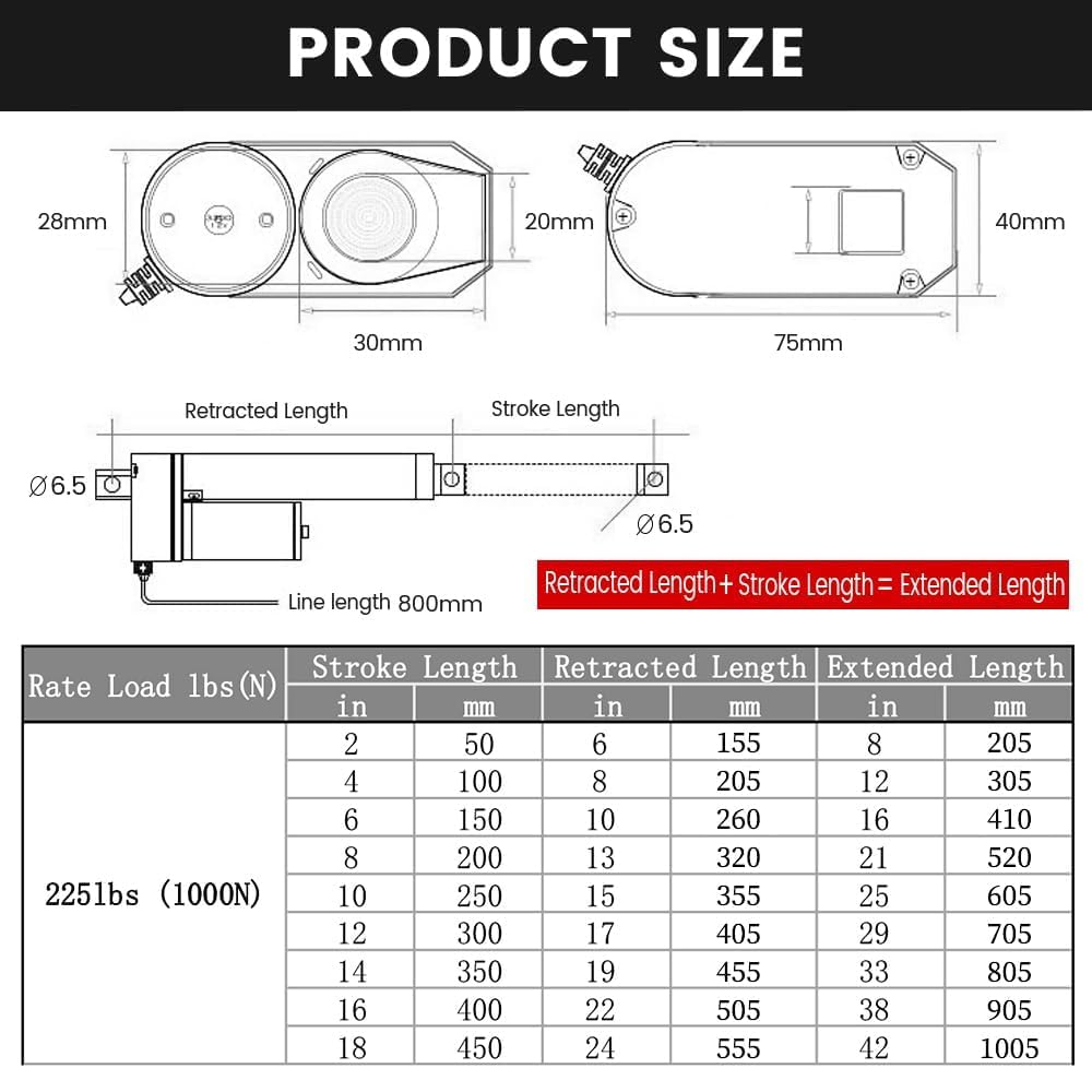 DCHOUSE 1000N 200mm Hub max Linearantrieb, DC 12V-Motor Lineartechnik-Aktuatoren Motor Drahtlose Fer