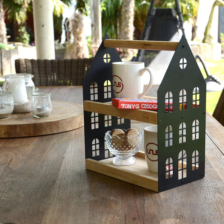 UNUS Haus-Etagere mit 2 Etagen und Griff, Holz-Etagere Serviertablett Holztablett Bambusholz Metall