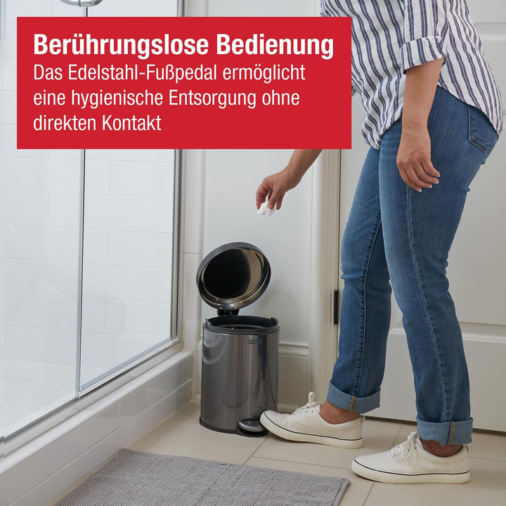 Rubbermaid Runder Step-On Mülleimer 6L Anthrazit Edelstahl – Kleiner Pedaleimer mit langsam schliess