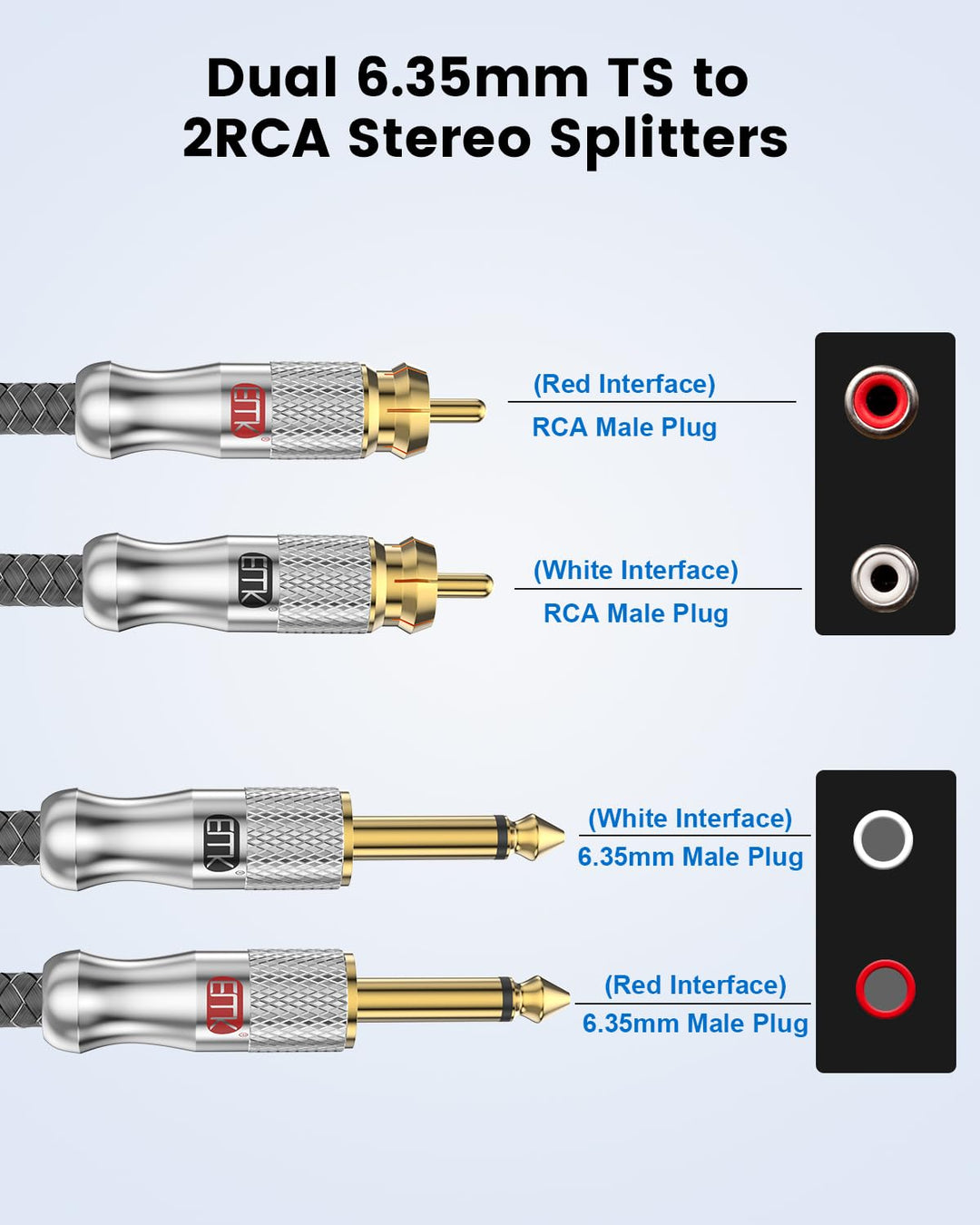 EMK Dual RCA auf Dual 1/4 Zoll Kabel, 2x Cinch auf 2x 6.35mm TS Mono Audio Kabel, Patchkabel für Ver