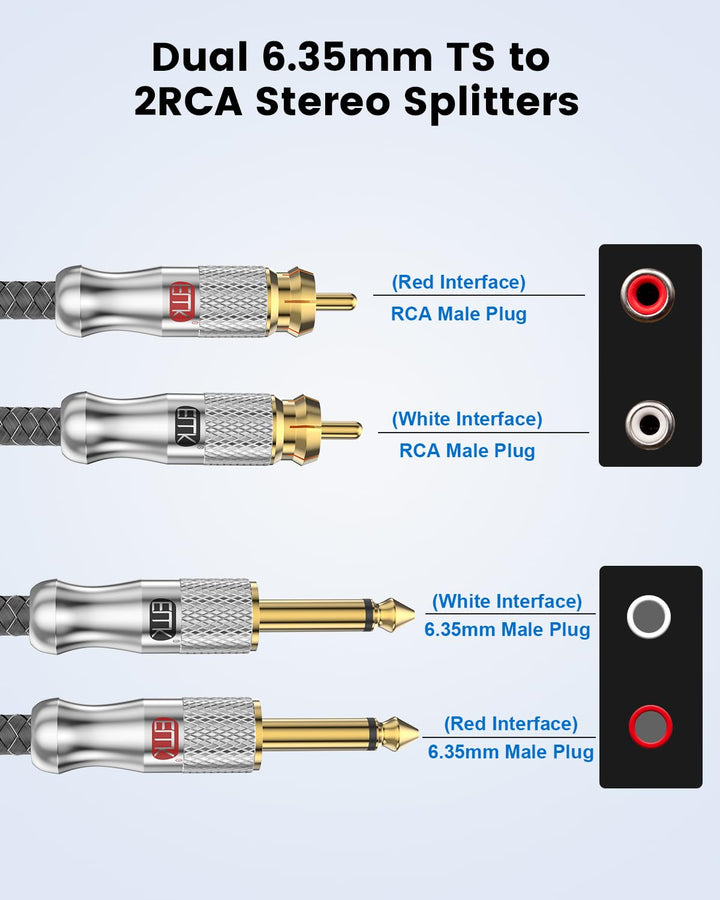EMK Dual RCA auf Dual 1/4 Zoll Kabel, 2x Cinch auf 2x 6.35mm TS Mono Audio Kabel, Patchkabel für Ver