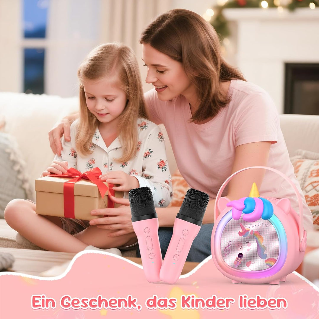Kinder Karaoke Maschine mit 2 kabellosen Bluetooth Mikrofonen, Kompaktes Einhorn Musikspielzeug mit