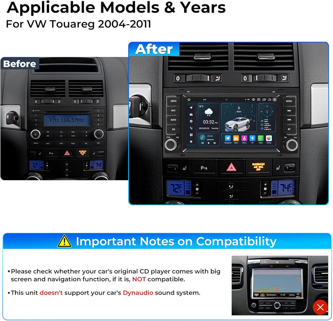 8-Core Android Autoradio für VW Touareg 2004-2011 mit 7-Zoll-IPS-Bildschirm, 4+64 GB Head Unit Car M