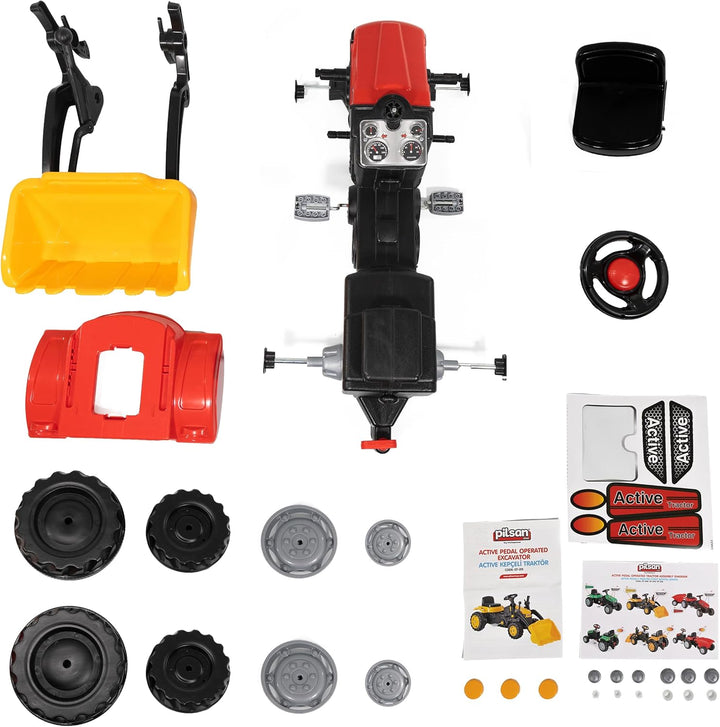 Lemodo Trettraktor rot mit Schaufel, Kindertraktor ab 3 Jahre, Verstellbarer Sitz, innenliegende Ket