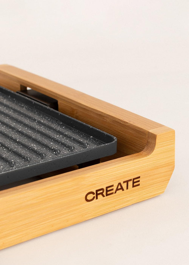 CREATE/STONE FLAT BAMBOO/Elektrische Grillplatte/Grillplatte mit doppeltem Grillmuster, Bratplatte u