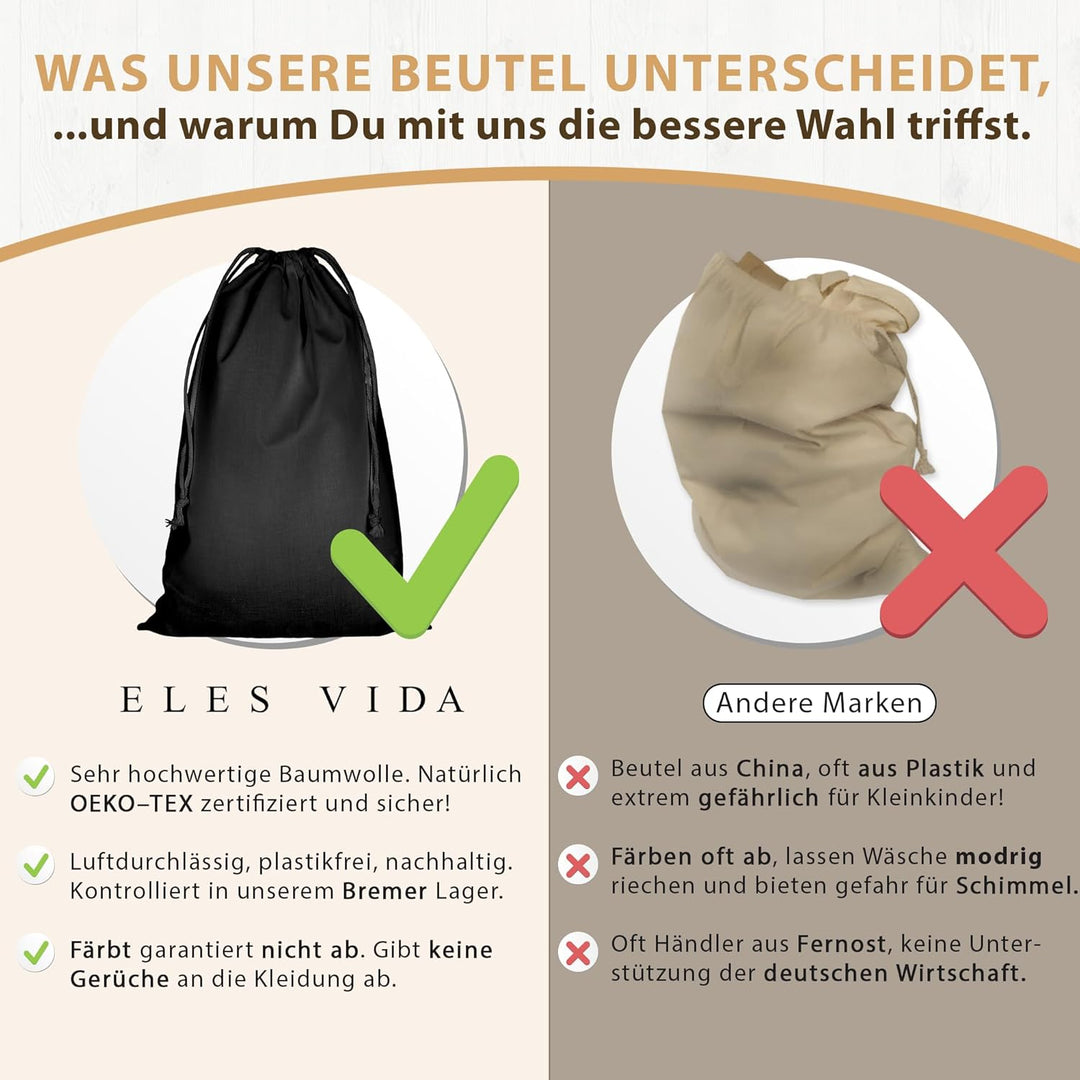 ELES VIDA® - XXL Wäschebeutel Schwarz 2 Stück 70x90cm aus 100% Baumwolle - XL Extra grosse Heavy Dut