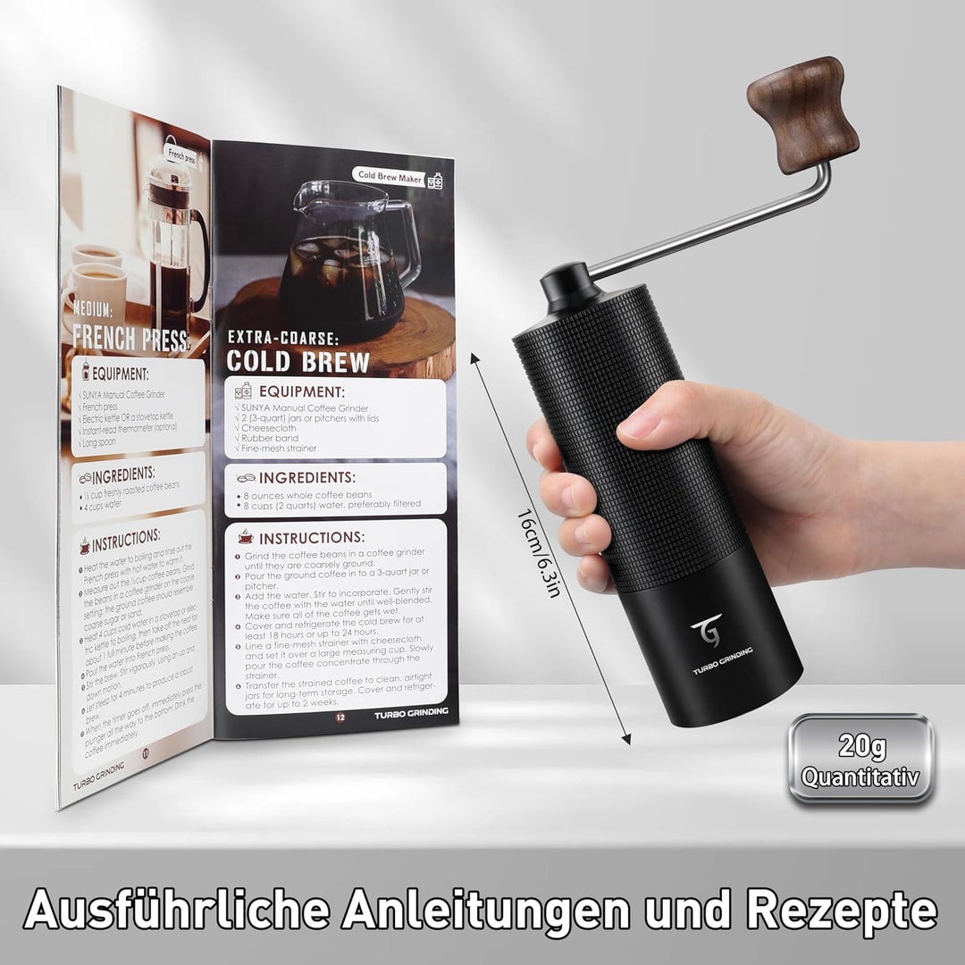 SUNYA Kaffeemühle Manuell mit Kaffeerezeptbuch - Edelstahl Handkaffeemühle mit Kegelmahlwerk Mahlgra