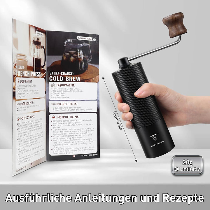 SUNYA Kaffeemühle Manuell mit Kaffeerezeptbuch - Edelstahl Handkaffeemühle mit Kegelmahlwerk Mahlgra