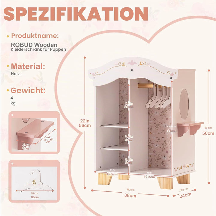 ROBUD Holzpuppenschrank mit Spiegel und 5 Kleiderbügeln Kinder ab 3 Jahren Süsser Puppenschrank, Süs