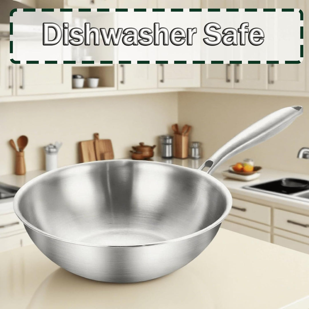Edelstahl Wokpfannen: Unbeschichtet Pfanne 30 cm mit Deckel,752°F(400℃) Backofensicher,Induktion, Ga