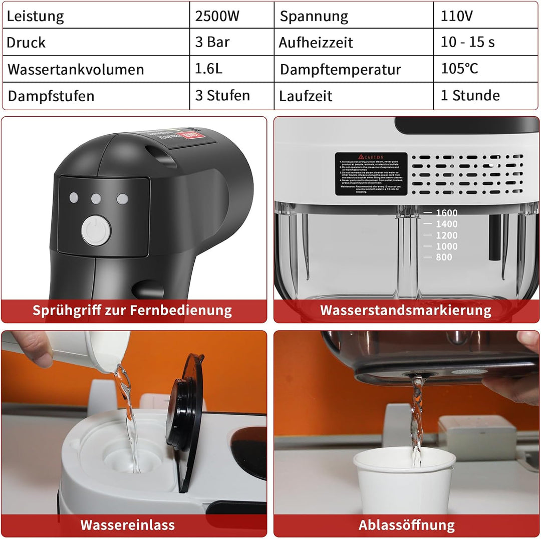 Dampfreiniger Handgerät, 2500W Handdampfreiniger mit 1,6-Liter-Wassertank, 15 Sekunden Aufheizzeit,