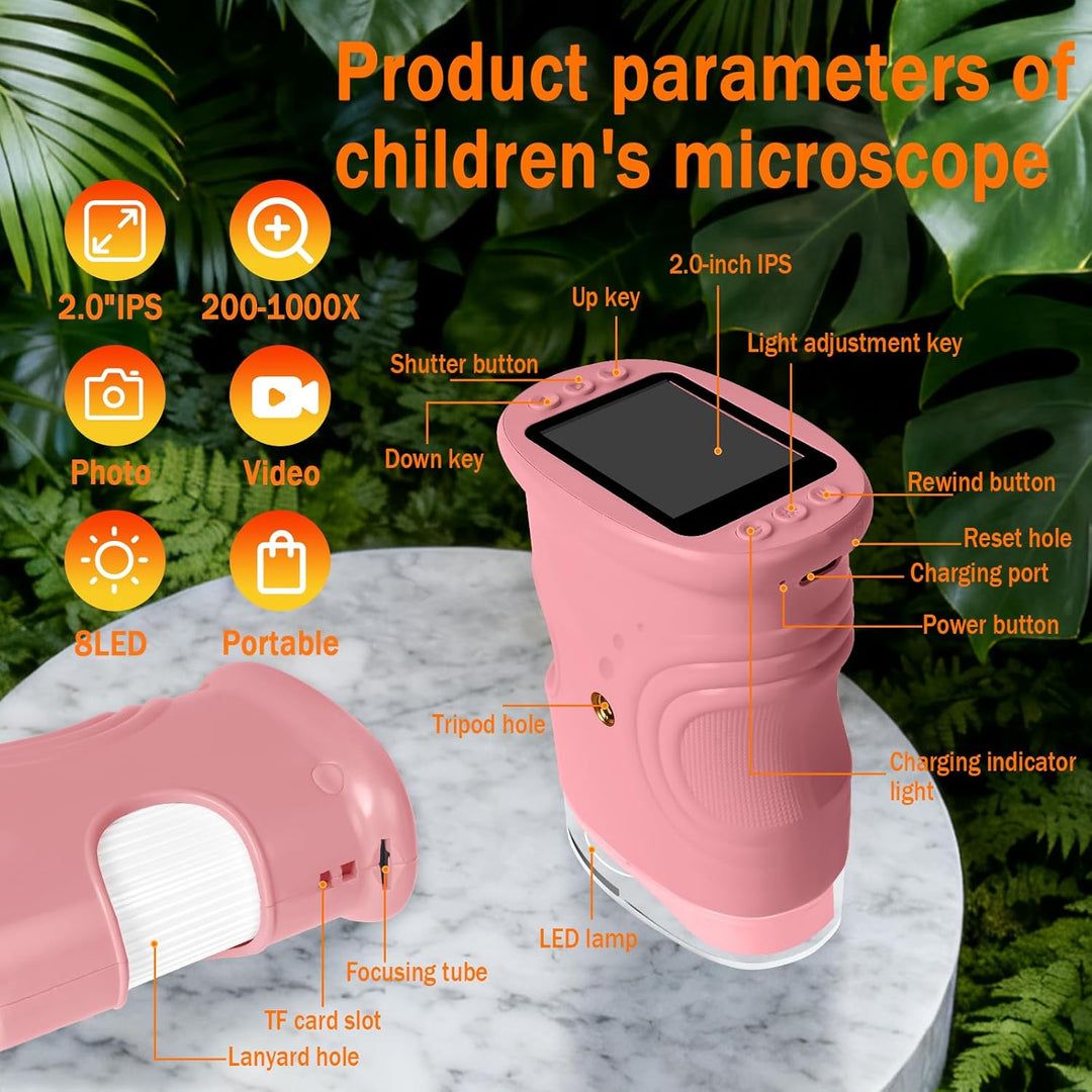 Digitales Mikroskop für Kinder, 1000X tragbares Taschenmikroskop mit 4K 2.0" Bildschirm Kinder Handy