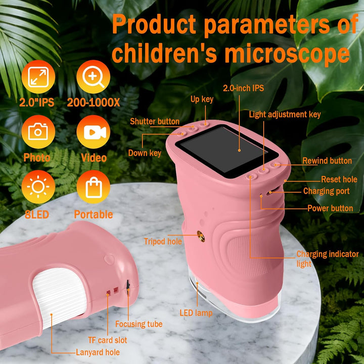 Digitales Mikroskop für Kinder, 1000X tragbares Taschenmikroskop mit 4K 2.0" Bildschirm Kinder Handy